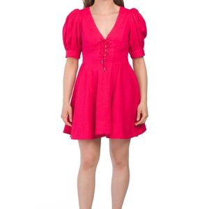 HOUSE OF HARLOW 1960 Hot Pink Linen Blend Puff Sleeve Dress